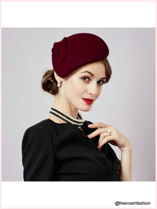 Vintage Wool Felt Pillbox Fascinator Hat Derby Teardrop with Flower Fedoras